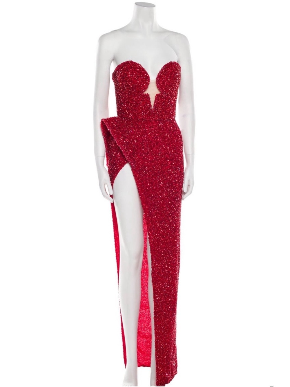 Portia and Scarlett Red Glitter Strapless High-Slit Gown